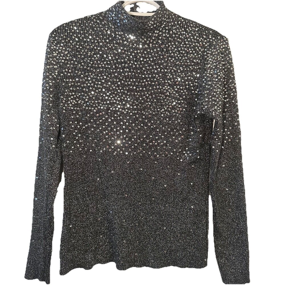 Once Again Black Sequin Ribbed Mock Neck Sweater Top Women’s Large Holiday Party